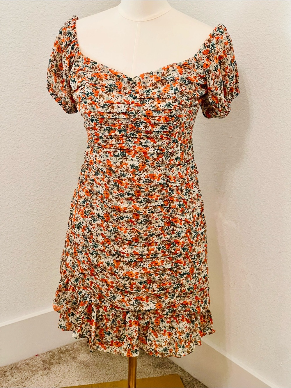 Astr Orange Floral Ruched Puff-Sleeve Mini Dress Cottagecore M - Picture 3 of 10